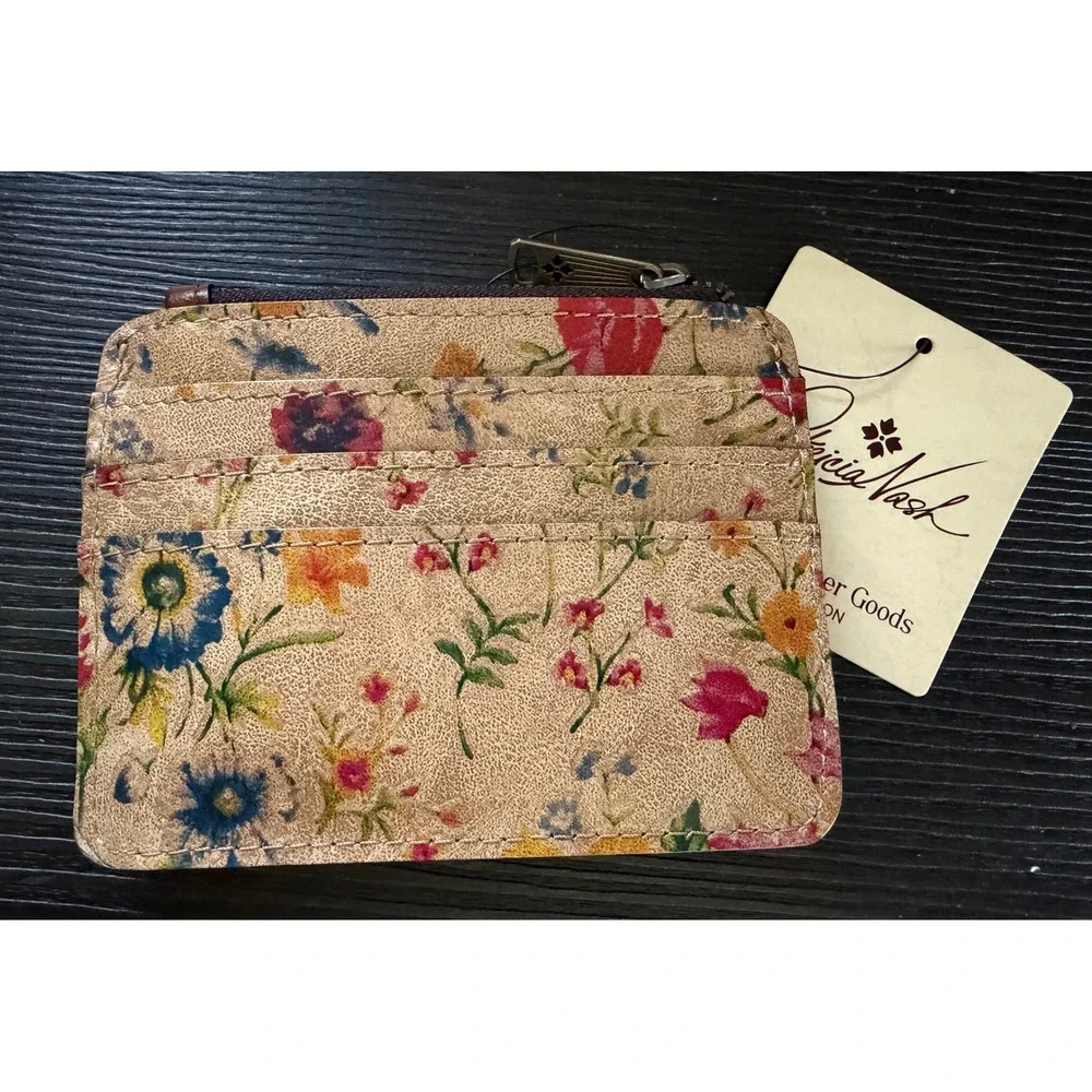 Patricia Nash Floral Leather Card Case Wallet Cognac Brown Zip Coin Pouch NWT